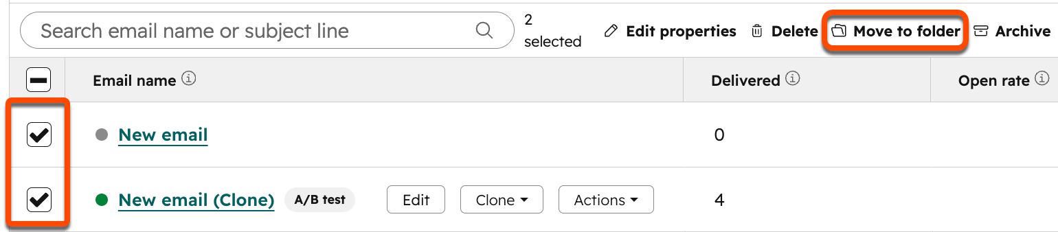 Screenshot of the marketing email index page. The checkboxes next to individual emails and the Move to folder option at the top of the table are highlighted.