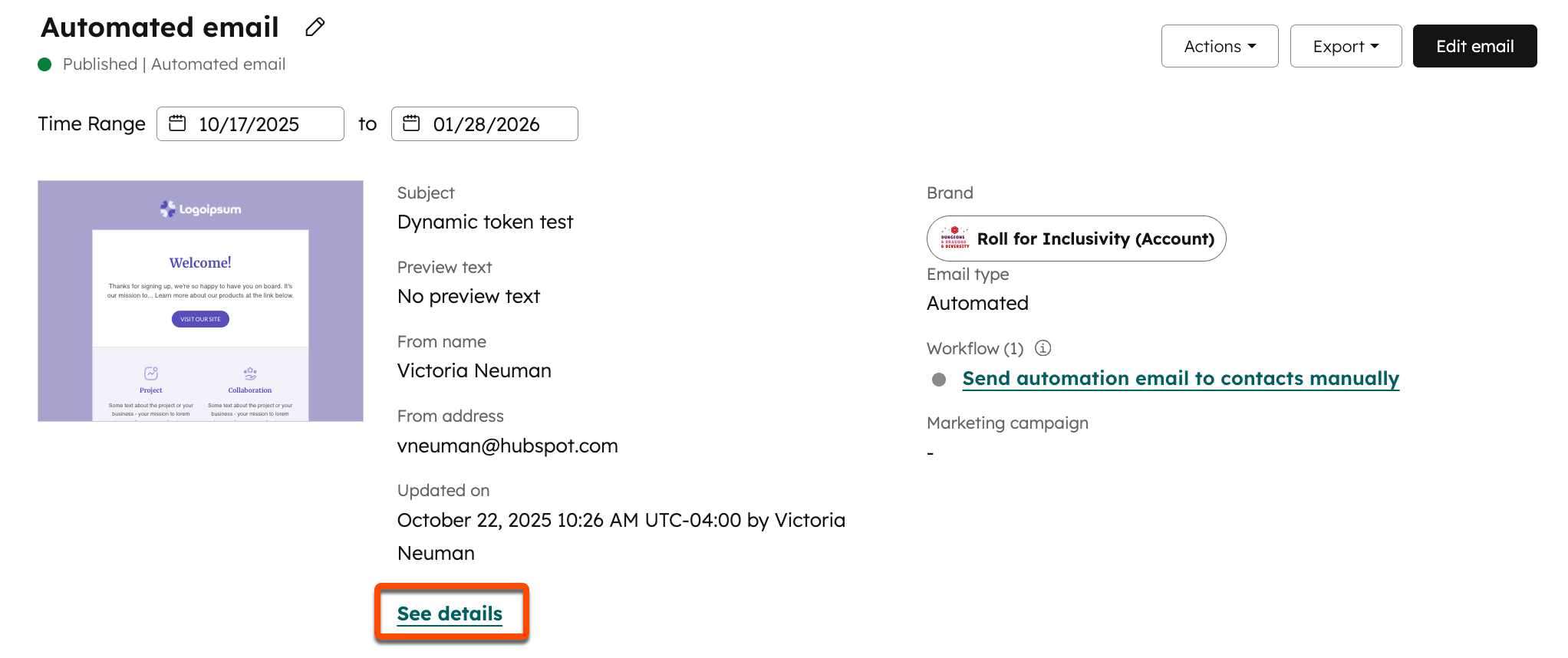 Schermata della schermata successiva all'invio di un'e-mail di marketing. È evidenziato il link "Vedi dettagli" nella parte superiore della pagina, sotto i dettagli di base dell'e-mail.