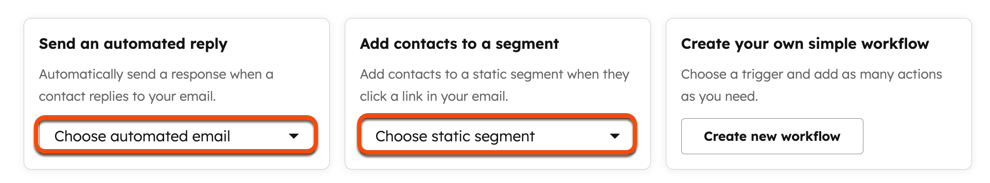Screenshot of the automation section of the marketing email editor. The "Choose automated email" and "Choose static segment" dropdown menus are highlighted.