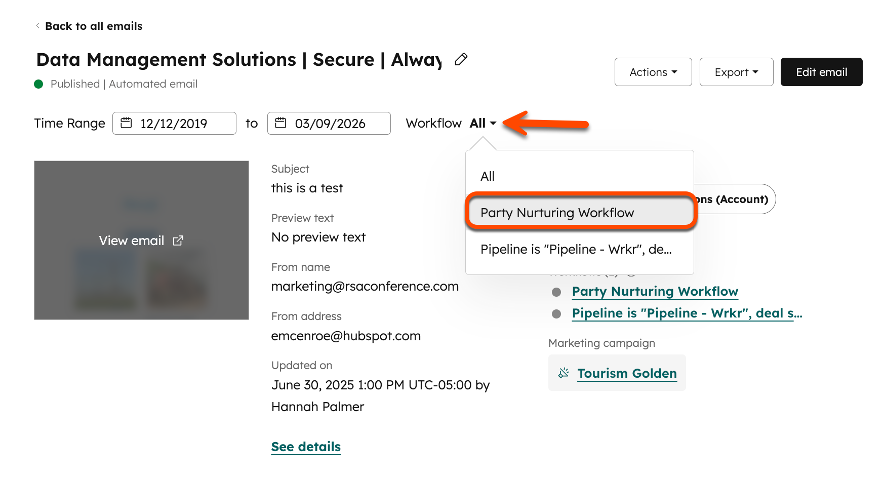 Screenshot of the marketing email performance page. The workflow selection menu is highlighted, as is the option for one of the workflowws.