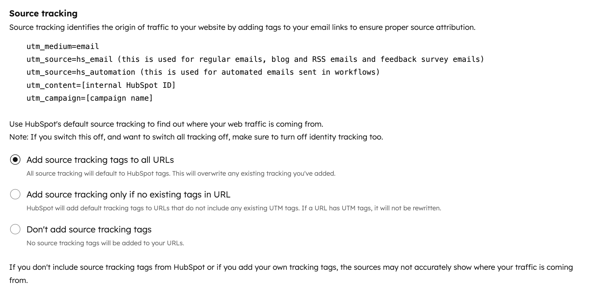 Screenshot of the source tracking options in marketing email settings.