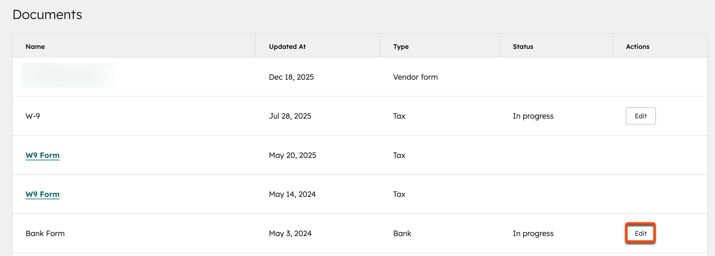 Screenshot of the Documents tab of Account & Billing. The "Edit" button in the Actions column is highlighted.
