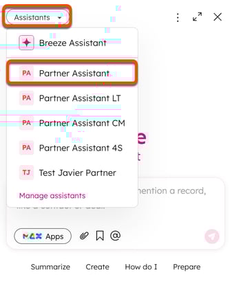 Screenshot of Breeze Assistant, with the "Assistants" dropdown menu and "Partner Assistant" option highlighted.