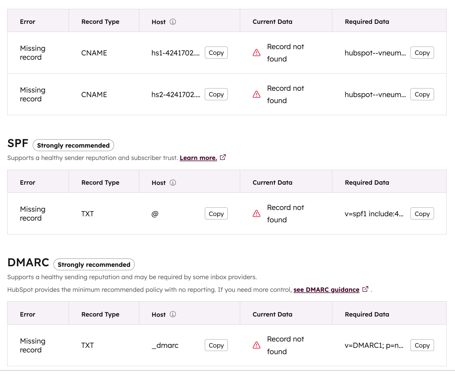 Screenshot of example DNS records in the email sending domain connection process.