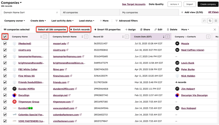 A screenshot of a company records table on the index page. The "Select all 186 companies" and "Enrich records" buttons are highlighted
