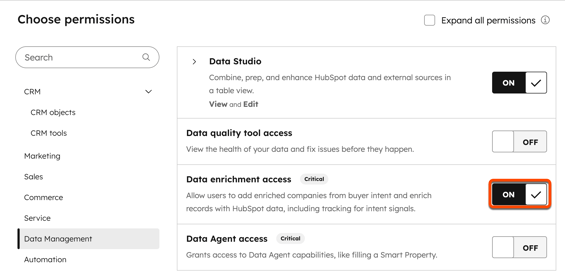 A HubSpot permissions page with 'Data Management' selected. The 'Data enrichment access' permission, a 'Critical' setting, is highlighted and shown with its toggle set to 'ON'