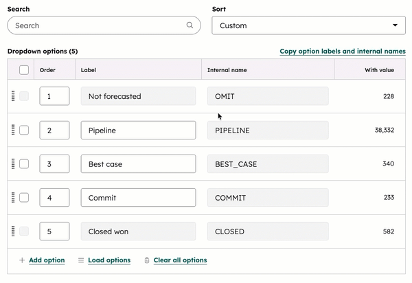 A GIF of the Dropdown options for the Forecast categories field. An option is added and dragged to a new position.