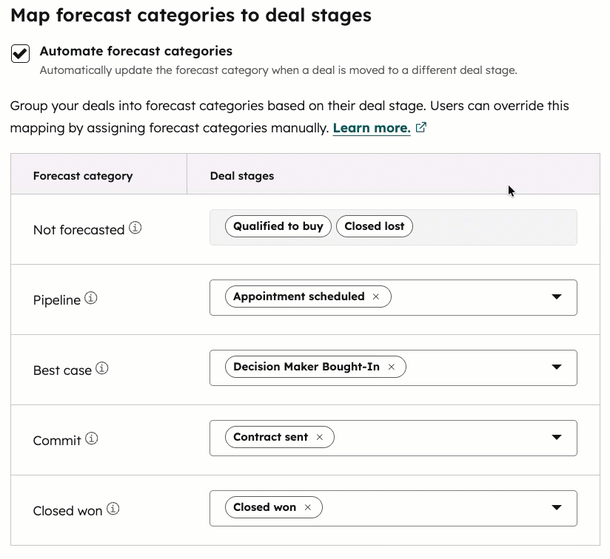 A GIF of the Map forecast categories to deal stages setting, with an option being added to the Pipeline category.