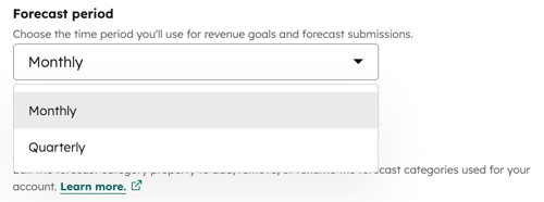 The Forecast settings page, with the Forecast period dropdown menu selected.