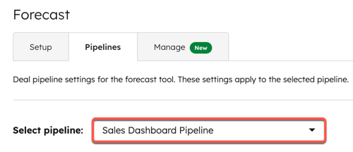 The Forecast settings page, with the Select pipeline dropdown menu highlighted.