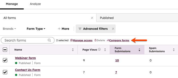 The forms index page, displaying the selection of two forms and highlighting the option to compare forms.