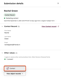 A sample form submission, highlighting the option to view the contact record associated with the form submission.
