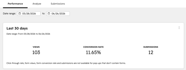 Aus Performance-Bericht mit Formularansichten, Conversion Rate und Einsendungen für die letzten 30 Tage.