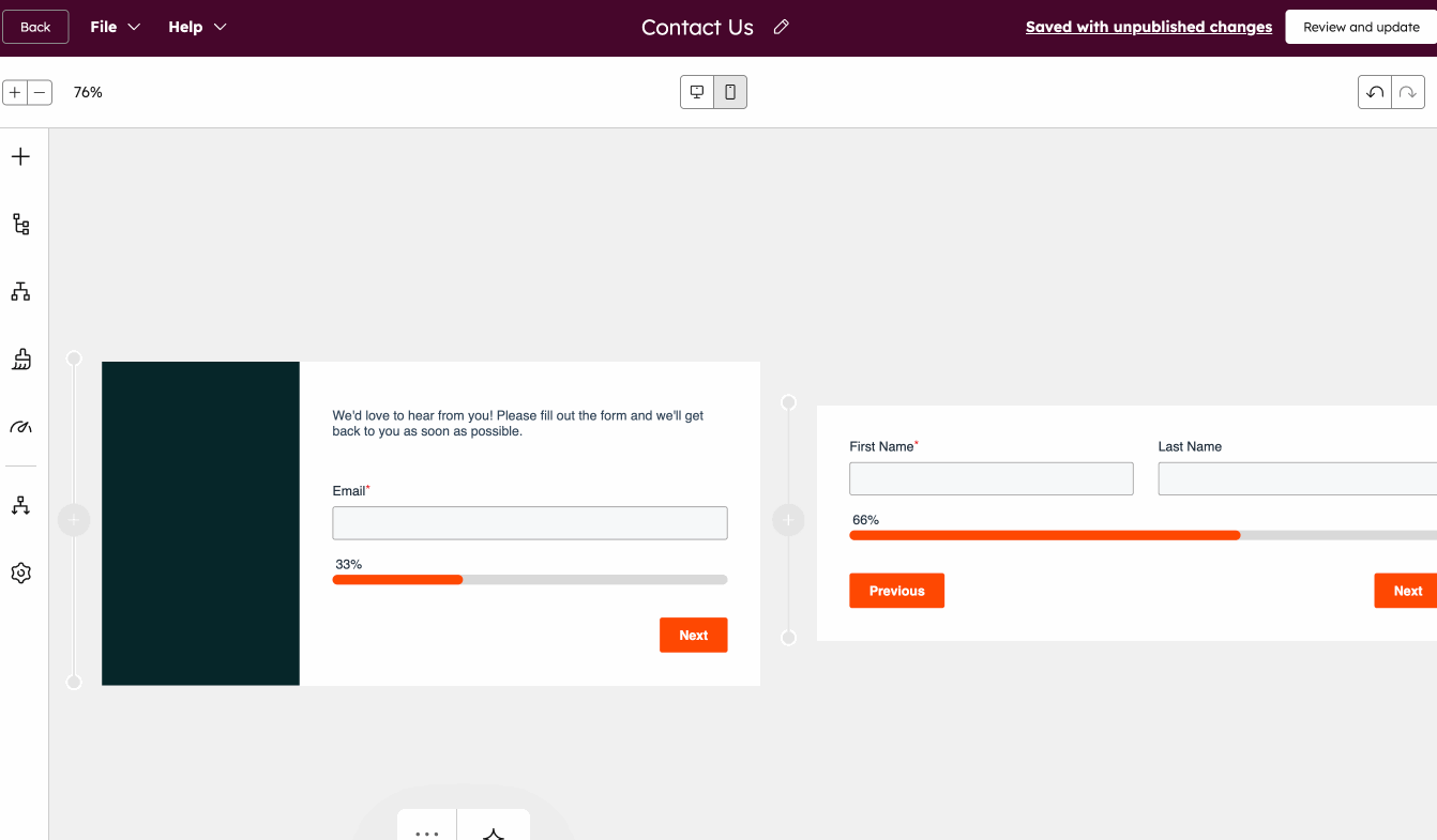 The form editor with the left panel displaying options to edit the form step styles.