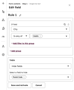 The form editor with the left panel displaying the options to edit form field logic.