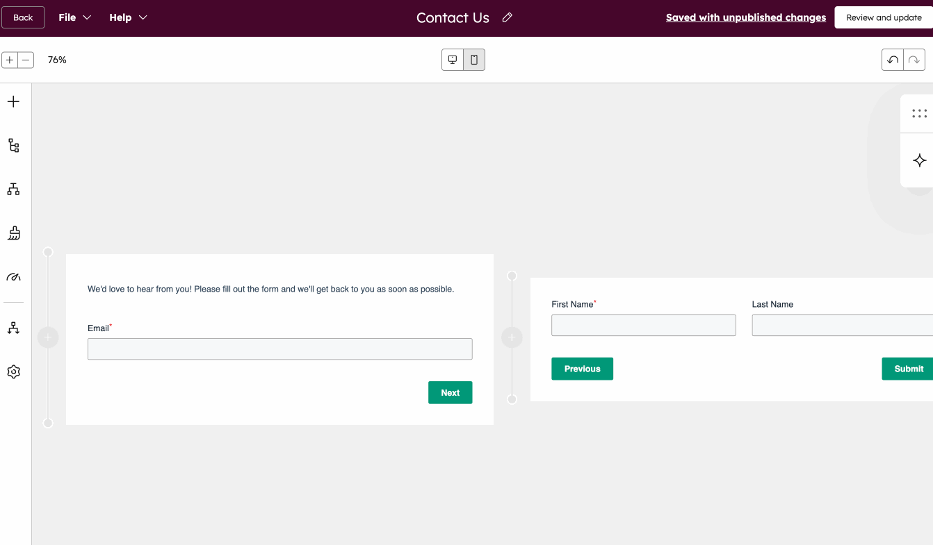 The form editor displaying how to add and rearrange form steps.
