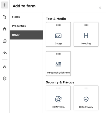 The form editor with the left panel displaying text and media elements that can be added to the form. These include image, heading, paragraph, reCAPTCHA, and data privacy elements.