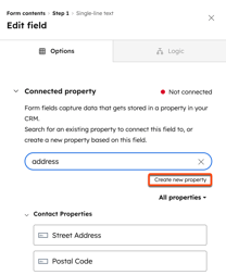The form editor, highlighting the option to create a new property when adding a field to your form.