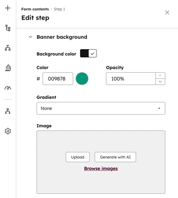 L’éditeur de formulaires affichant les options de style de bannière, y compris la couleur, l’opacité, le dégradé et la sélection d’images.
