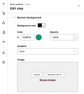 The form editor displaying banner style options, including color, opacity, gradient, and image selection.