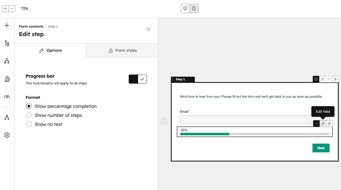 The form editor with the left panel displaying options to turn on and adjust the format of the progress bar.