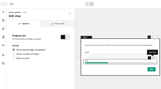 The form editor with the left panel displaying options to turn on and adjust the format of the progress bar.