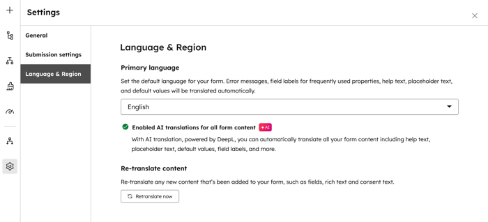 A screenshot of the form editor, displaying form language and region settings.