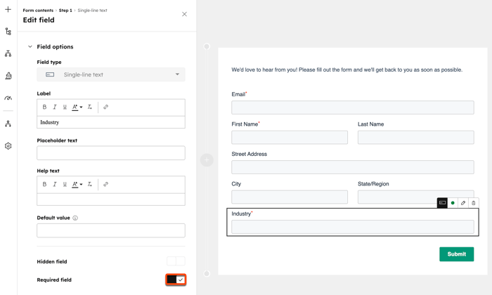 The form editor with the left panel displaying the options to edit the form field. The option to make a form field required is toggle on and highlighted.
