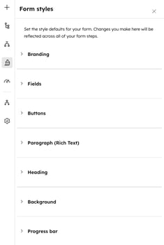 The form editor with the left panel displaying styles options, including branding, fields, buttons, paragraph, heading, background, and the progress bar.