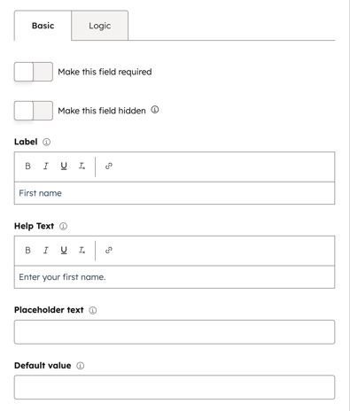 Form field management in the legacy form editor, displaying a field's label, help text, placeholder text, and default value.