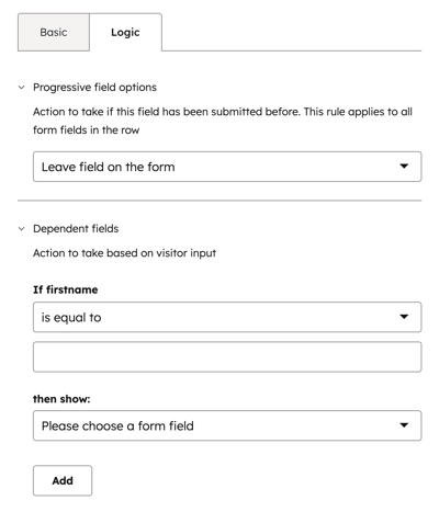 Form field management in the legacy form editor, showing a field's progressive and dependent field options.