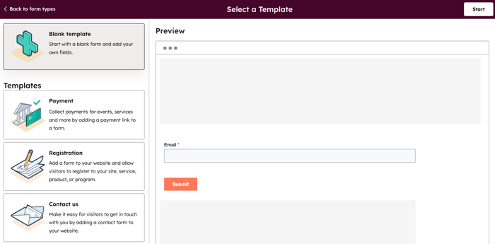 Legacy form editor, showing the option to create a form from a pre-built or blank template.