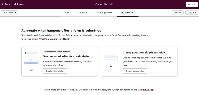 Legacy form editor, showing the Automation tab settings.