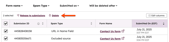 The spam form submissions index page, highlighting the options to release to submissions or delete spam submissions.