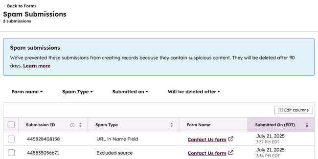 The spam form submissions index page, showing a table of spam submissions with columns for the form name, spam type, the date the form was submitted, and the date the submission will be deleted.