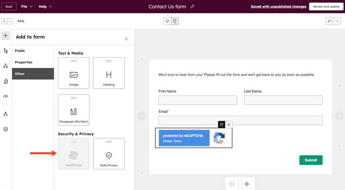 Legacy form editor showing the option to add reCaptcha as a form element.