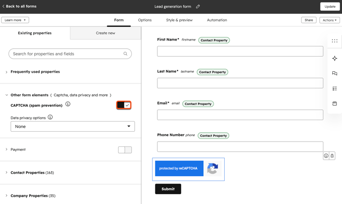 The legacy form editor showing the option to add reCaptcha as a form element.