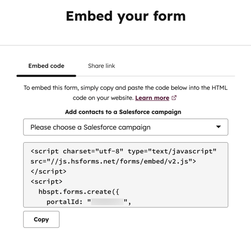 The form editor, showing the form's embed code with the option to copy the code.