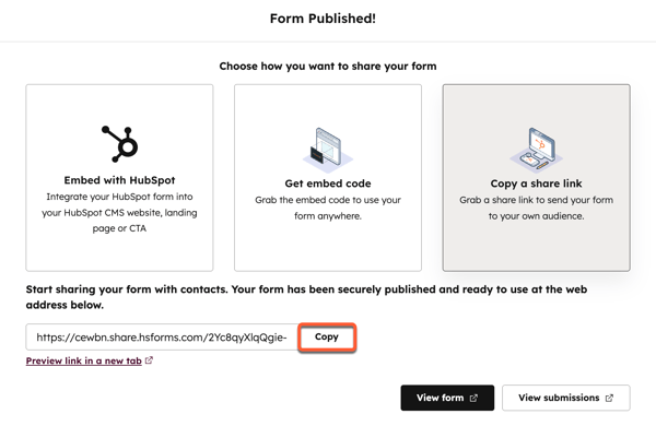 The form editor share options, highlighting the option to copy the form share link.