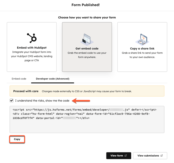 The form editor share options, highlighting the option to copy the form developer code.