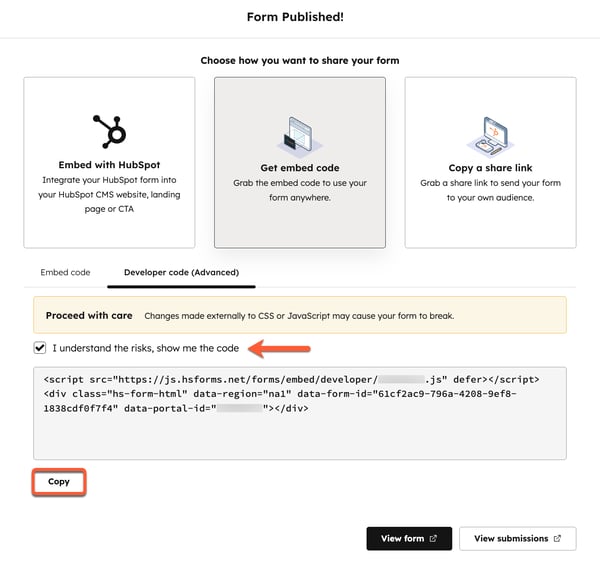 The form editor share options, highlighting the option to copy the form developer code.