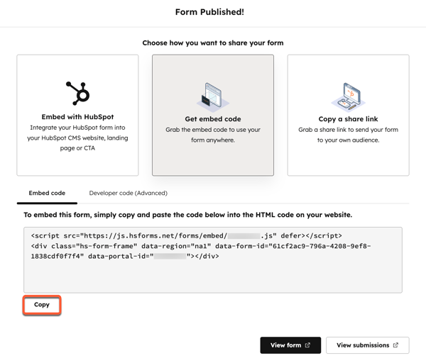 The form editor share options, highlighting the option to copy the form embed code.