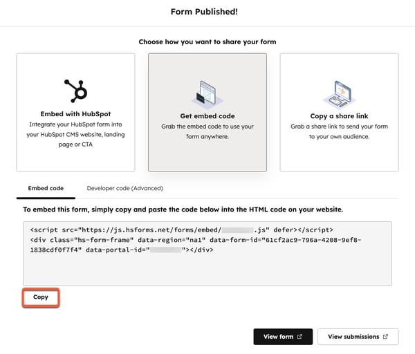 The form editor share options, highlighting the option to copy the form embed code.