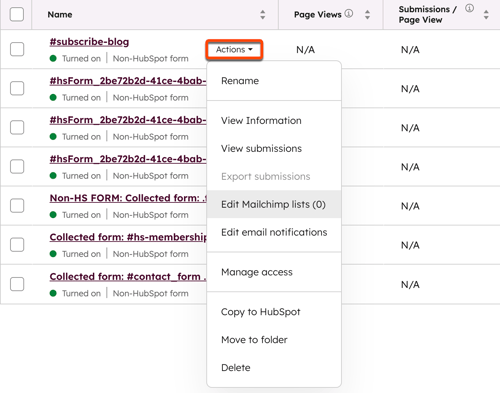 Indexseite für Formulare mit einer Tabelle von Drittanbieter-Formularen, auf der die Option zum Bearbeiten von Mailchimp-Listen hervorgehoben ist.
