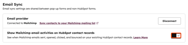 E-Mail-Synchronisierungseinstellungen, die die Verbindung des E-Mail-Anbieters zu Mailchimp mit der Einstellung "Mailchimp-E-Mail-Aktivitäten in HubSpot-Kontaktdatensätzen anzeigen" anzeigen aktivieren.