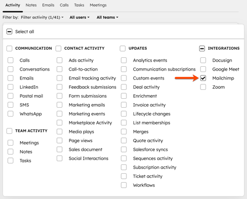 CRM-Datensatz-Aktivitäts-Filter, wobei der Mailchimp-Filter hervorgehoben wird.
