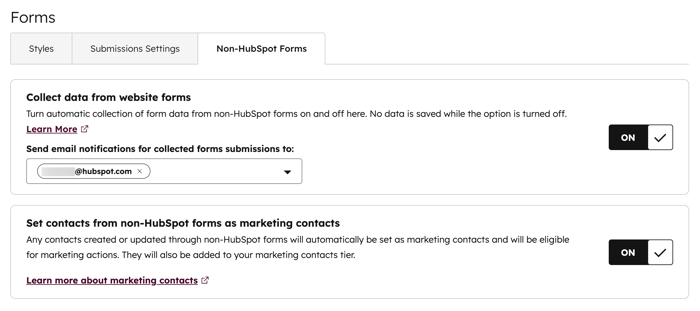 Forms settings, displaying the non-HubSpot form settings to collect data from website forms and set contacts as marketing contacts.