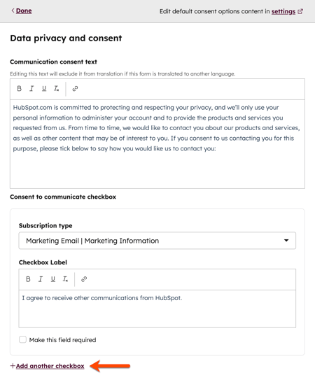 Screenshot of the Data privacy and consent settings, showing an existing Consent to communicate checkbox and an orange arrow pointing to the option to Add another checkbox.