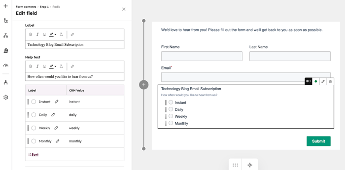 Screenshot of the Edit field panel for a radio select blog subscription field, showing options like Instant, Daily, Weekly, and Monthly.