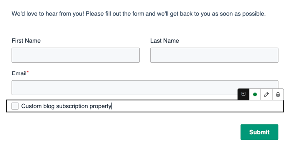 Screenshot of a form preview showing a Custom blog subscription property checkbox field added to the form.